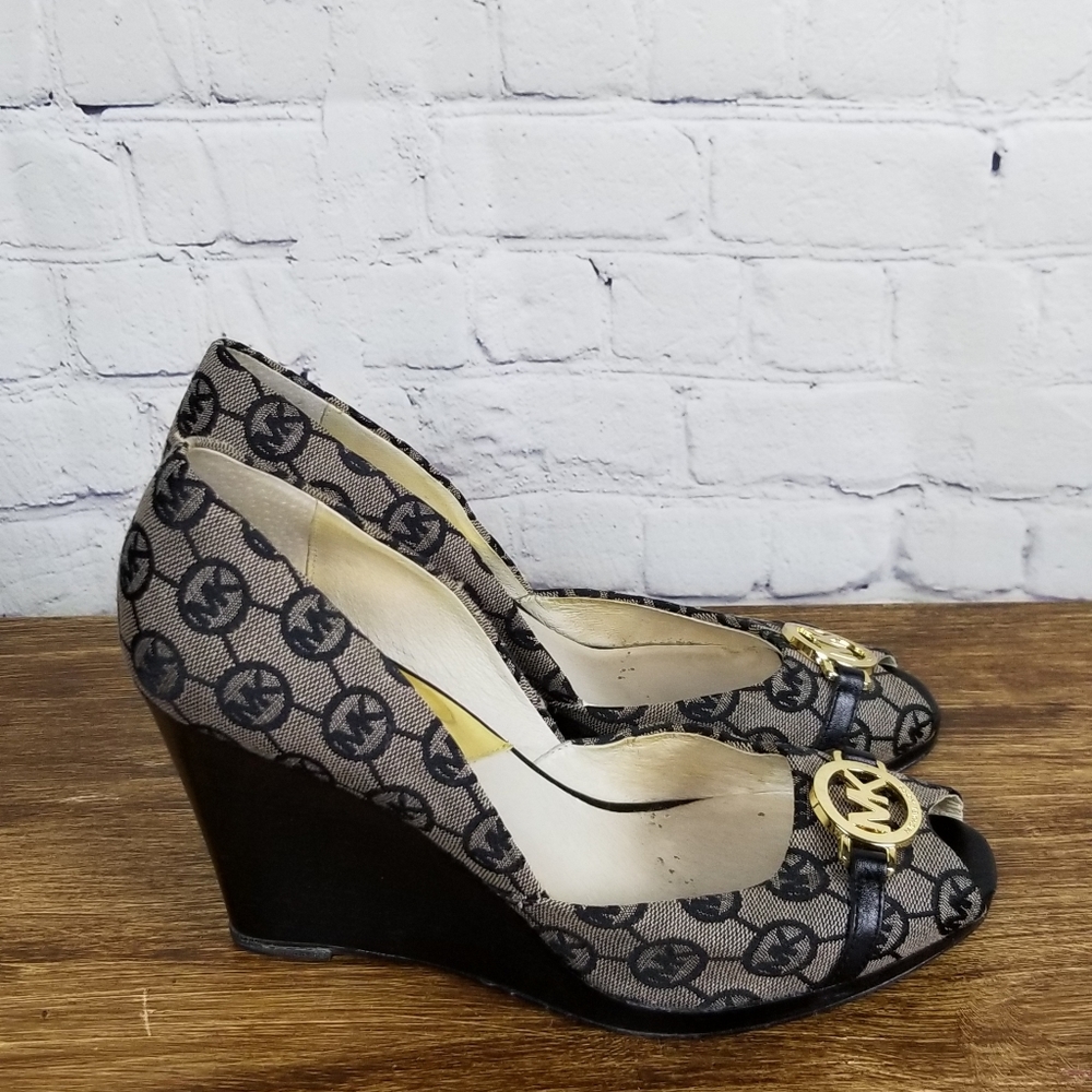 Michael Kors Brown Logo Canvas Wedge Pumps with Gold Hardware